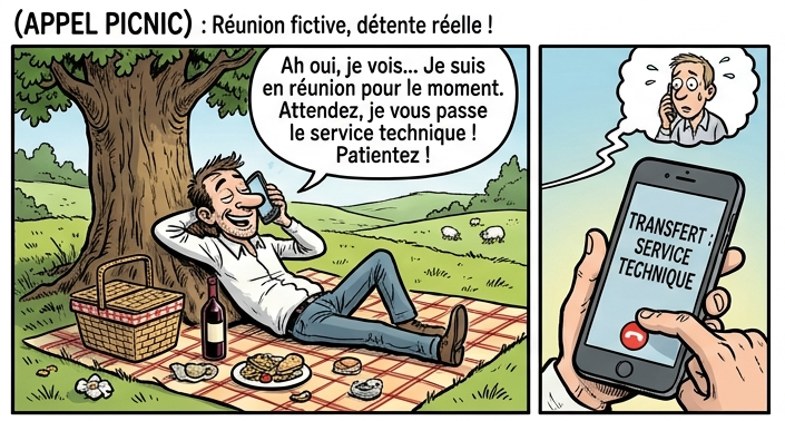 Illustration bande dessinée - Salarié en télétravail lors d'un pique-nique qui gère son standard téléphonique depuis son smartphone grâce à la VoIP