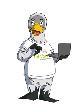 Otto, mascotte Global SI, devant un ordinateur